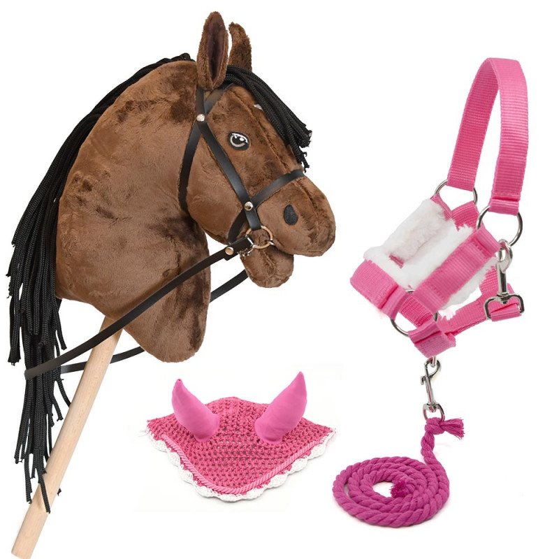 Pack Hobby Horse marron avec ensemble d'accessoires :   licol + longe + bonnet ROSE