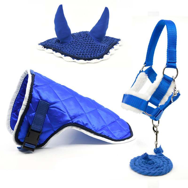 Ensemble d'accessoires Bleu pour Hobby Horse : Licol moumoute + Longe + Couverture + Bonnet