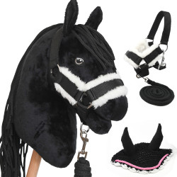 Pack Hobby Horse frison noir avec licol, longe et bonnet assortis noirs