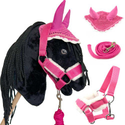 Pack Hobby Horse frison noir avec licol, longe et bonnet assortis Rose