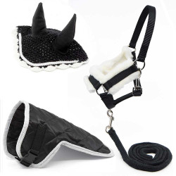 Ensemble d'accessoires Noir et blanc pour Hobby Horse : Licol + Longe + Couverture + Bonnet