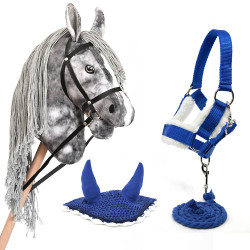 Hobby Horse Gris pommelé avec licol, longe et bonnet Bleu